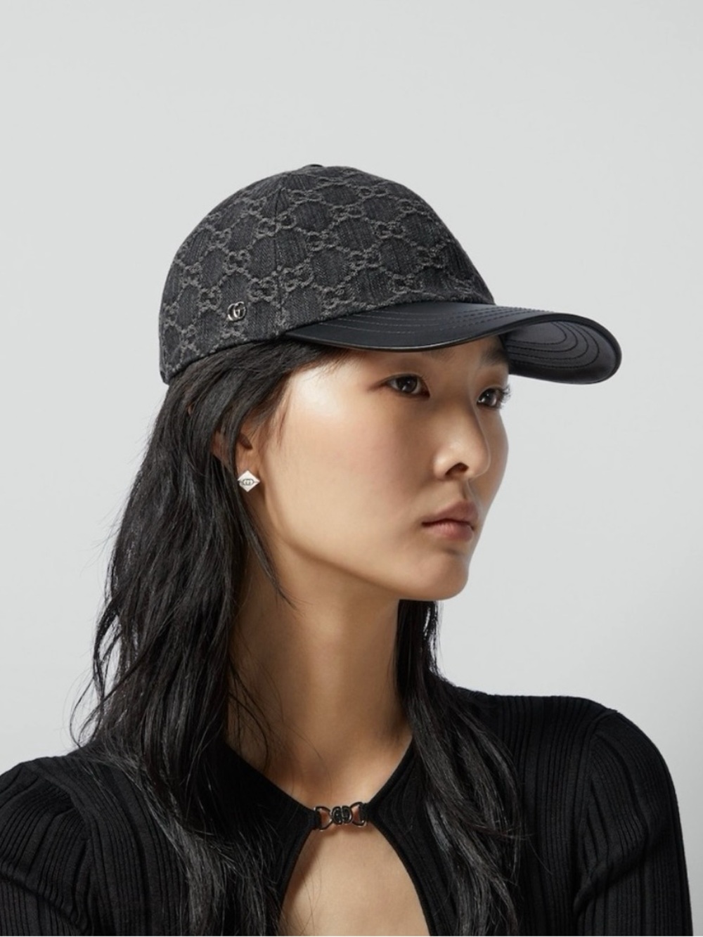 Gucci denim GG Monogram Baseball Cap with Black Leather Brim